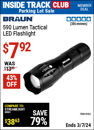 Inside Track Club members can buy the BRAUN 590 Lumen Tactical LED Flashlight (Item 59362) for $7.92, valid through 3/7/2024.