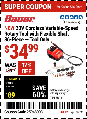 Buy the BAUER 20V Cordless Variable-Speed Rotary Tool with Flexible Shaft, Tool Only (Item 58672) for $34.99, valid through 3/3/2024.