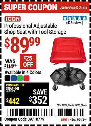 Buy the ICON Professional Adjustable Shop Seat with Tool Storage, Red (Item 58449/58658/58659/58660) for $89.99, valid through 3/24/2024.