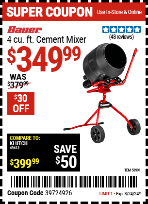 Buy the BAUER 4 cu. ft. Cement Mixer (Item 58991) for $349.99, valid through 3/24/2024.