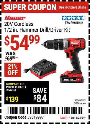 Buy the BAUER 20V 1/2 in. Hammer Drill Kit (Item 64756/63527) for $54.99, valid through 3/24/2024.
