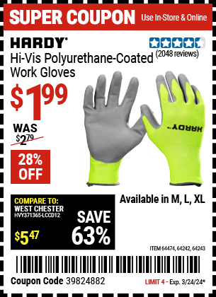 Buy the HARDY Touchscreen Hi-Vis Polyurethane Coated Work Gloves Large (Item 64242/64243/64474) for $1.99, valid through 3/24/2024.