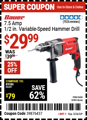 Buy the BAUER 7.5 Amp, 1/2 in. Variable-Speed Hammer Drill/Driver (Item 56404/56686) for $29.99, valid through 3/24/2024.