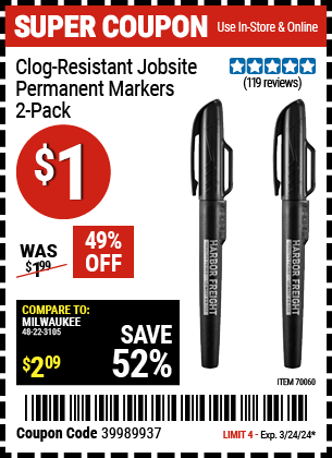 Buy the HFT Clog-Resistant Jobsite Permanent Markers, 2-Pack (Item 70060) for $1, valid through 3/24/2024.