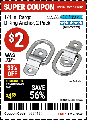 Buy the HAUL-MASTER 1/4 in. Cargo D-Ring Anchor 2 Pc. (Item 60319/62756) for $2, valid through 3/24/2024.