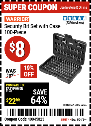 Buy the WARRIOR Security Bit Set with Case, 100 Pc. (Item 68457/62657) for $8, valid through 3/24/2024.