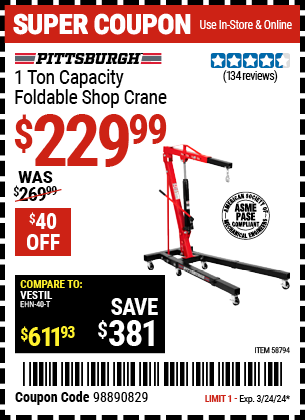 Buy the PITTSBURGH 1 Ton Capacity Foldable Shop Crane (Item 58794) for $229.99, valid through 3/24/2024.
