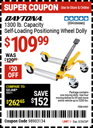Buy the DAYTONA 1300 lb. Self-Loading Positioning Wheel Dolly (Item 64601) for $109.99, valid through 3/24/2024.