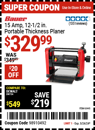 Buy the BAUER 15 Amp, 12-1/2 in. Portable Thickness Planer (Item 63445) for $329.99, valid through 3/24/2024.