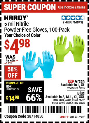 Buy the HARDY 5 mil Nitrile Powder-Free Gloves, 100-Pack, Large, green (Item 56922/56923/68497/61360/64417/64418/68496/61363/68498/61359) for $4.98, valid through 3/17/24.
