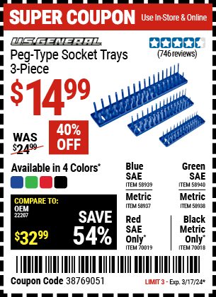 Buy the U.S. GENERAL Peg-Type Metric Socket Tray (Item 58937/58938/58939/58940/70018/70019) for $14.99, valid through 3/17/24.