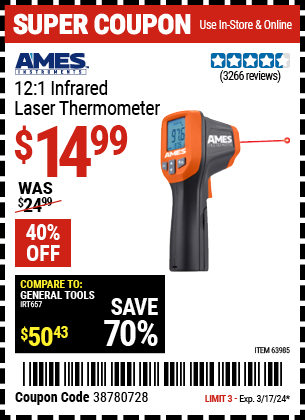 Buy the AMES 12:1 Infrared Laser Thermometer (Item 63985) for $14.99, valid through 3/17/24.