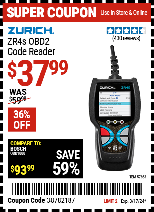 Buy the ZURICH ZR4S OBD2 Code Reader (Item 57663) for $37.99, valid through 3/17/24.