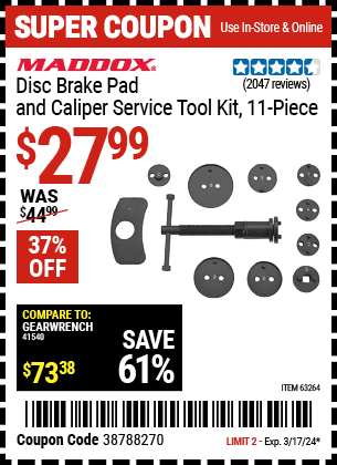 Buy the MADDOX Disc Brake Pad and Caliper Service Tool Kit 11 Pc. (Item 63264) for $27.99, valid through 3/17/24.