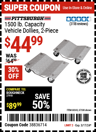Buy the PITTSBURGH AUTOMOTIVE 1500 lb. Capacity Vehicle Dollies 2 Pc (Item 67338/60343) for $44.99, valid through 3/17/24.