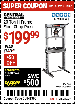 Buy the CENTRAL MACHINERY H-Frame Industrial Heavy Duty Floor Shop Press (Item 32879/60603/70603) for $199.99, valid through 3/17/24.