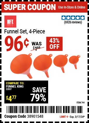 Buy the HFT Funnel Set 4 Pc. (Item 744) for $0.96, valid through 3/17/24.