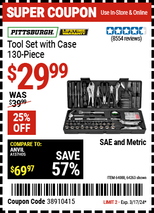 Buy the PITTSBURGH Tool Kit with Case (Item 64263/64080) for $29.99, valid through 3/17/24.