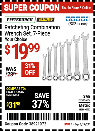 Buy the PITTSBURGH Metric Combination Ratcheting Wrench Set 7 Pc. (Item 95552/96654) for $19.99, valid through 3/17/24.