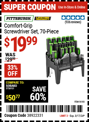 Buy the PITTSBURGH Comfort Grip Screwdriver Set 70 Pc. (Item 56103) for $19.99, valid through 3/17/24.