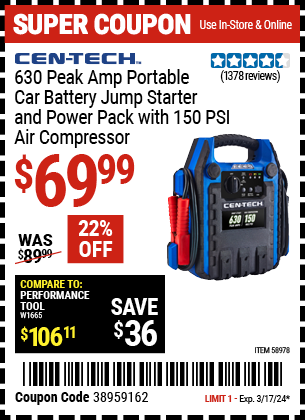 Buy the CEN-TECH 630 Peak Amp Portable Jump Starter and Power Pack with 250 PSI Air Compressor (Item 58978) for $69.99, valid through 3/17/24.