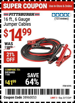 Buy the PITTSBURGH AUTOMOTIVE 16 ft. 6 Gauge Heavy Duty Jumper Cables (Item 60396) for $14.99, valid through 3/17/24.