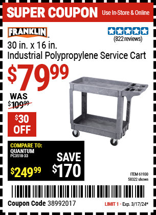 Buy the HAUL-MASTER 16 in. x 30 in. Industrial Polypropylene Service Cart (Item 61930/58322) for $79.99, valid through 3/17/24.
