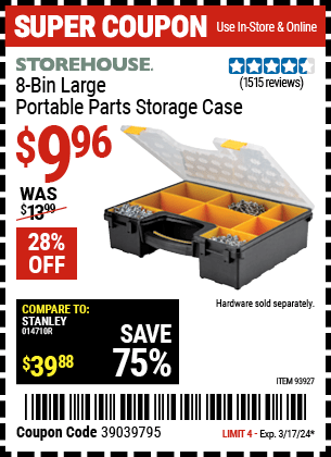 Buy the STOREHOUSE 8 Bin Large Portable Parts Storage Case (Item 93927) for $9.96, valid through 3/17/24.
