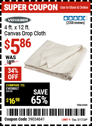 Buy the VOYAGER 4 x 12 Canvas Drop Cloth (Item 69309) for $5.86, valid through 3/17/24.