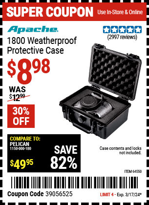Buy the APACHE 1800 Weatherproof Protective Case (Item 64550) for $8.98, valid through 3/17/24.