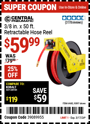 Buy the CENTRAL PNEUMATIC 3/8 in. X 50 ft. Retractable Hose Reel (Item 93897/64685) for $59.99, valid through 3/17/24.