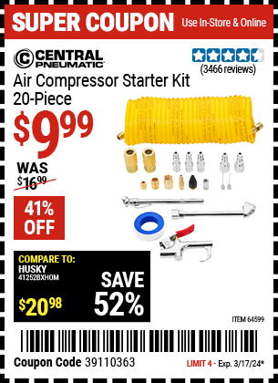 Buy the CENTRAL PNEUMATIC Air Compressor Starter Kit 20 Pc. (Item 64599) for $9.99, valid through 3/17/24.