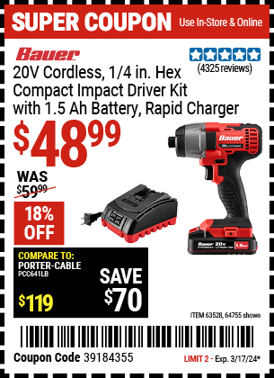 Buy the BAUER 20V Cordless, 1/4 in. Hex Compact Impact Driver Kit with 1.5 Ah Battery, Rapid Charger, and Bag (Item 64755/63528) for $48.99, valid through 3/17/24.