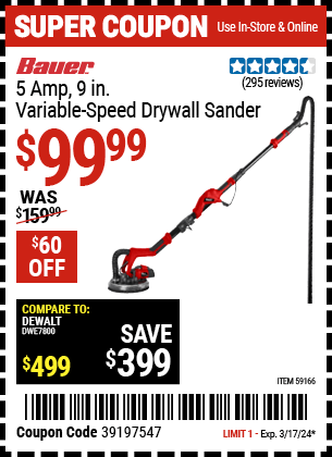 Buy the BAUER 5 Amp 9 in. Variable Speed Drywall Sander (Item 59166) for $99.99, valid through 3/17/24.
