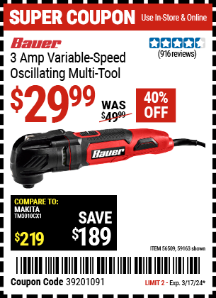 Buy the BAUER 3 Amp Variable Speed Oscillating Multi-Tool (Item 59163/56509) for $29.99, valid through 3/17/24.