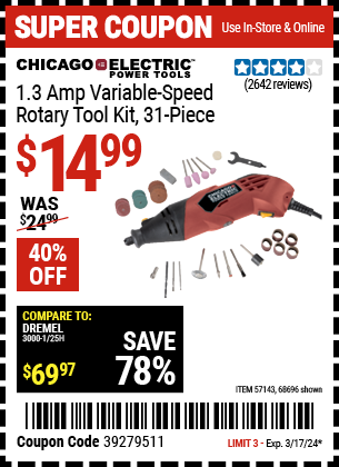Buy the CHICAGO ELECTRIC Heavy Duty Variable Speed Rotary Tool Kit 31 Pc. (Item 68696/57143) for $14.99, valid through 3/17/24.