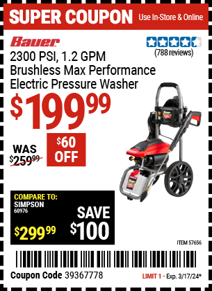 Buy the BAUER 2300 PSI 1.2 GPM Brushless Max Performance Electric Pressure Washer (Item 57656) for $199.99, valid through 3/17/24.