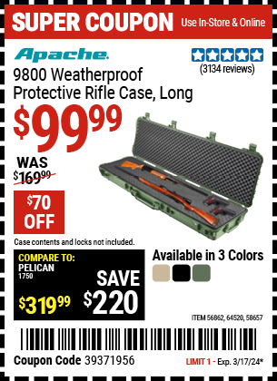 Buy the APACHE 9800 Weatherproof Protective Rifle Case (Item 64520/58657/64520) for $99.99, valid through 3/17/24.