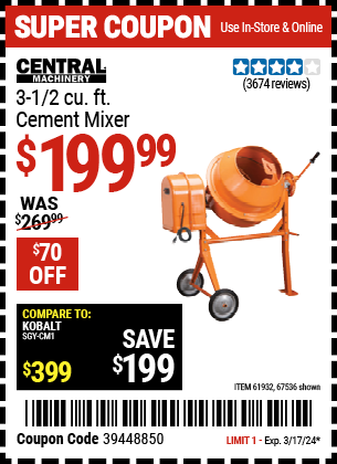 Buy the CENTRAL MACHINERY 3-1/2 Cubic ft. Cement Mixer (Item 67536/61932) for $199.99, valid through 3/17/24.
