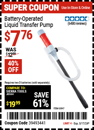 Buy the Battery-Operated Liquid Transfer Pump (Item 63847) for $7.76, valid through 3/17/24.