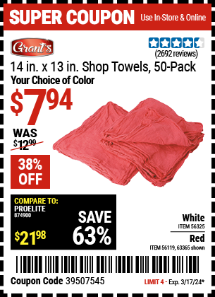 Buy the GRANT'S Mechanic's Shop Towels 14 in. x 13 in. 50 Pk. (Item 63365/56119/56325) for $7.94, valid through 3/17/24.