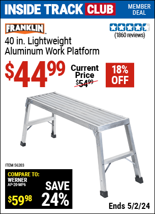 Inside Track Club members can buy the FRANKLIN 40 in. Lightweight Aluminum Work Platform (Item 56203) for $44.99, valid through 5/2/2024.