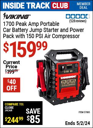 Inside Track Club members can buy the VIKING 1700 Peak Amp Portable Jump Starter And Power Pack With 150 PSI Air Compressor (Item 57085) for $159.99, valid through 5/2/2024.