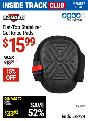 Inside Track Club members can buy the RANGER Stabilizer Gel Knee Pads (Item 57603) for $15.99, valid through 5/2/2024.