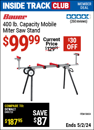 Inside Track Club members can buy the BAUER 400 lb. Mobile Miter Saw Stand (Item 58654) for $99.99, valid through 5/2/2024.
