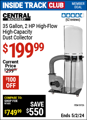 Inside Track Club members can buy the CENTRAL MACHINERY 35 Gallon, 2 HP High-Flow High-Capacity Dust Collector (Item 59726) for $199.99, valid through 5/2/2024.