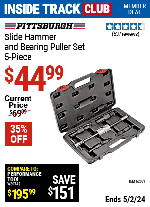 Inside Track Club members can buy the PITTSBURGH AUTOMOTIVE Slide Hammer and Bearing Puller Set 5 Pc. (Item 62601) for $44.99, valid through 5/2/2024.