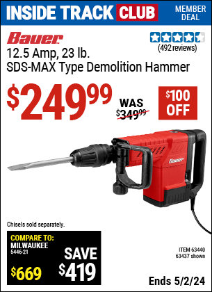 Inside Track Club members can buy the BAUER 12.5 Amp SDS Max Type Pro Demolition Hammer Kit (Item 63437/63440) for $249.99, valid through 5/2/2024.