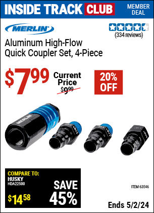 Inside Track Club members can buy the MERLIN High Flow Aluminum Coupler Connector Kit 4 Pc. (Item 63546) for $7.99, valid through 5/2/2024.