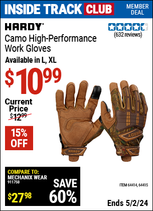 Inside Track Club members can buy the HARDY Camo Performance Gloves Large (Item 64414) for $10.99, valid through 5/2/2024.
